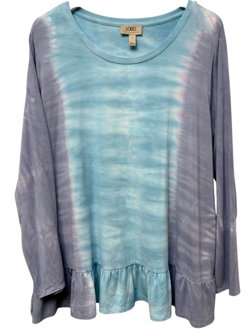 LOGO Lori Goldstein Tie Dye Tunic Tee Plus Size 1X Blue Ruffle Boho Top Pockets